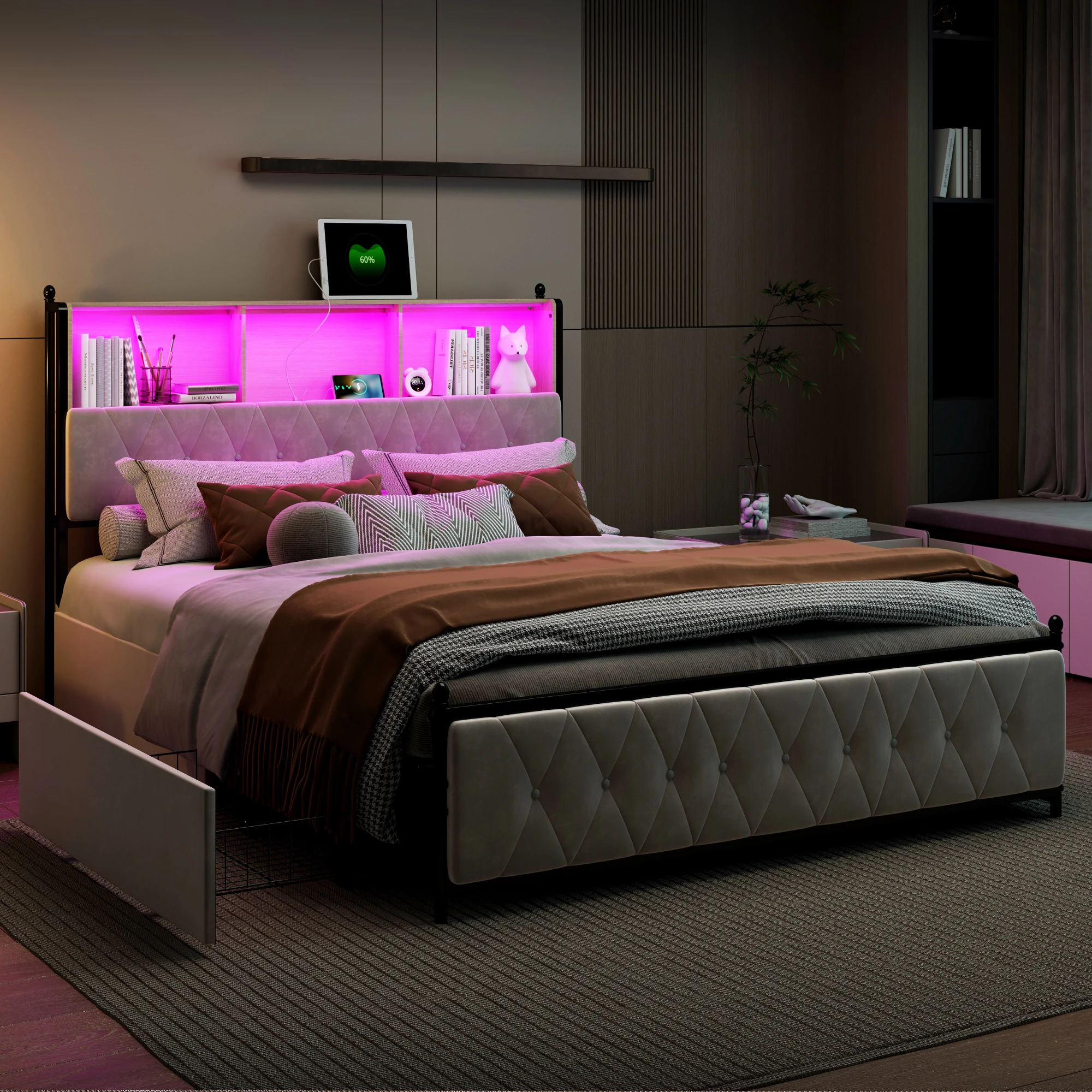 Gestoffeerd bedframe, full/queen/king size, tweepersoonsbed met vier laden, hoofdeinde met opbergvak, zonder matras - afbeelding 1