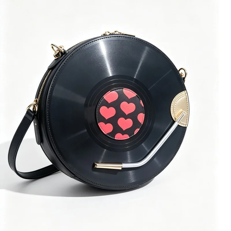 

Creative Retro Record Shaped Shoulder Bag Women's Unique Compact Disc Design Crossbody Bag Quirky Music Festival Round Bag