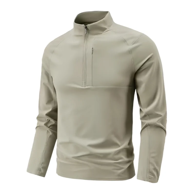 Men's Long-Sleeved Half-Zip Polo Shirt, Outdoor Sports Quick-Drying Clothing, Ice Silk Breathable Sun Protection Stand-Up Collar Pullover T-Shirt, Elastic Large Size Base Layer Shirt for Spring and Autumn
