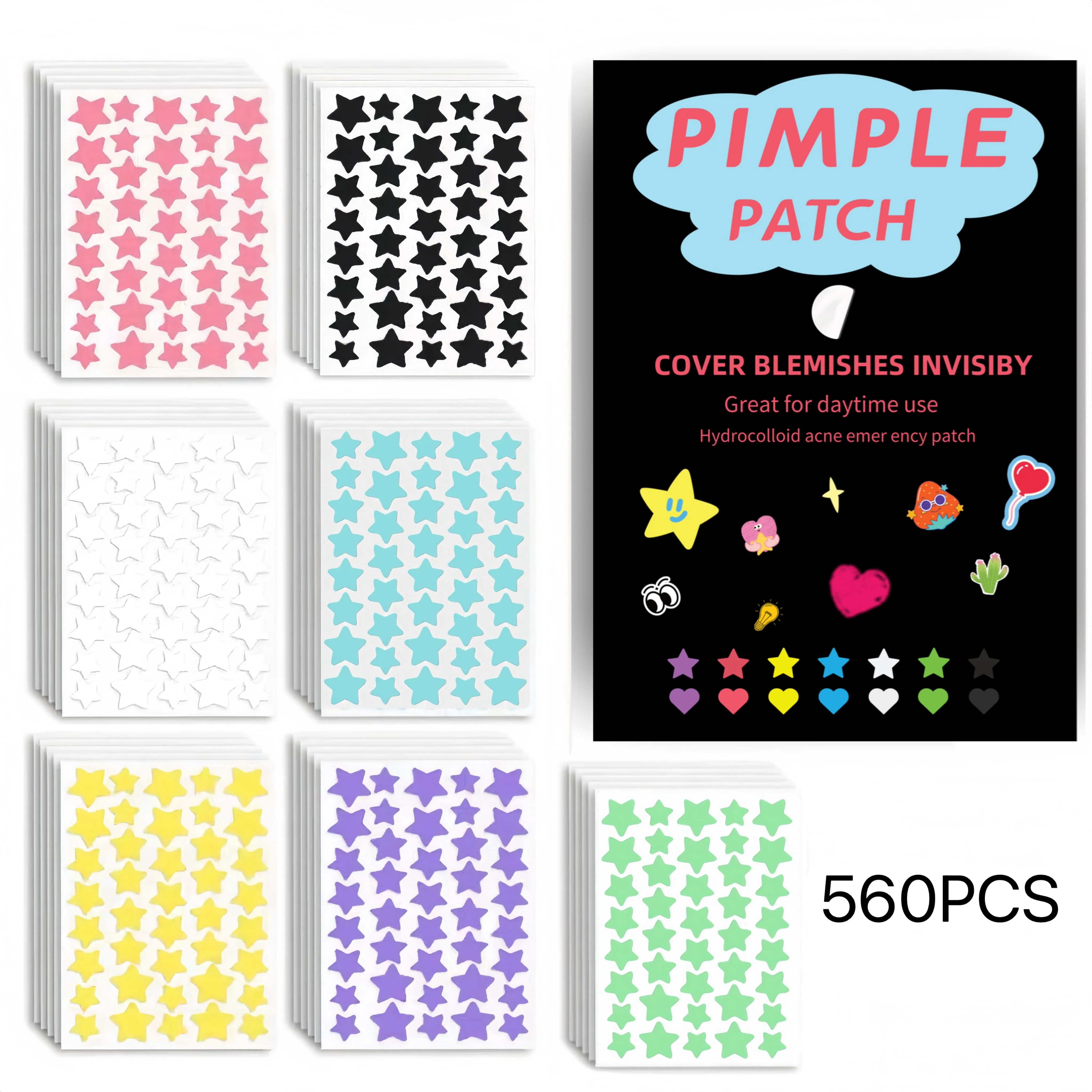 560PCS,Cute pimple Patch,seven Colors, Acne Patch With Design,Sticker Jerawat, Suitable For All Occasions, Star-Style.