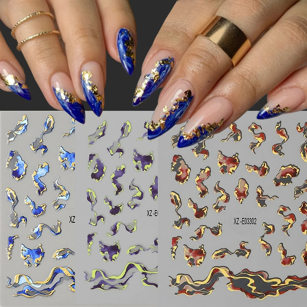 3/6pcs Gilded Wave Lines Marble Nail Stickers Marble Blue Geometry 3D Nail Art Sliders Gold Foil Gradient Manicure Decorations