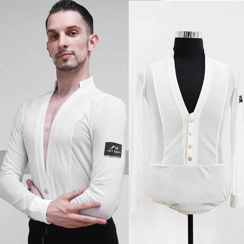 Adulto dança latina topos para masculino manga comprida profundo decote em v superior traje de dança latina prática profissional roupa dn22133
