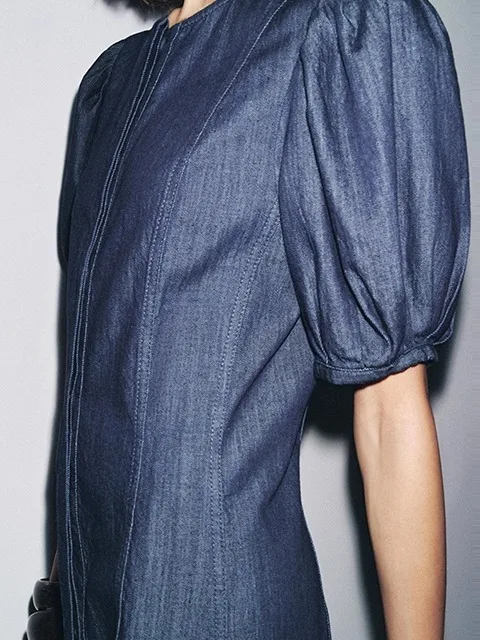 

Faionable Casual Denim Dr High Waist A-Line Skirt ort Sve round Ne Zipper Side Opening Ci Walk Suitable for Summer