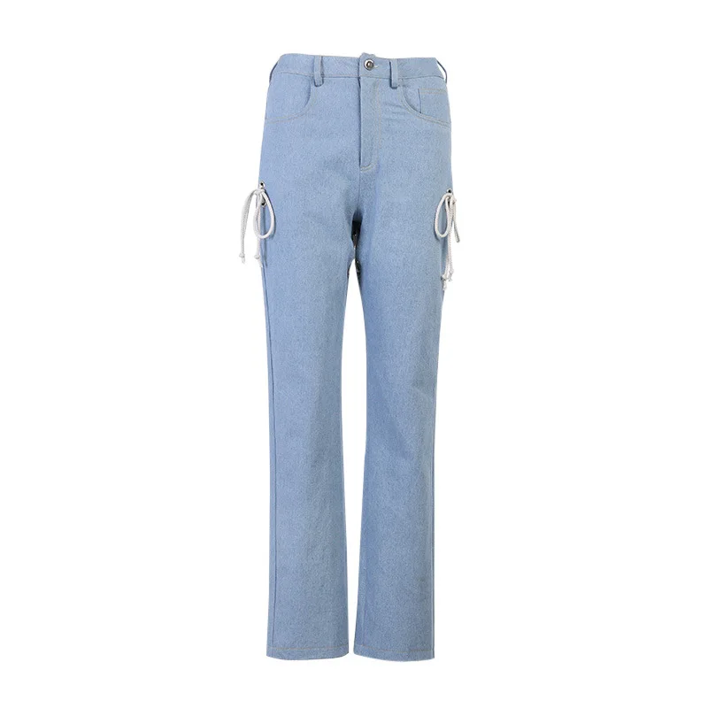 Sexy Hohl Kordelzug Jeans Licht-farbige High-taille Straps Gewaschen Hosen Beiläufige Dünne Hosen für Frauen Mode Kleidung