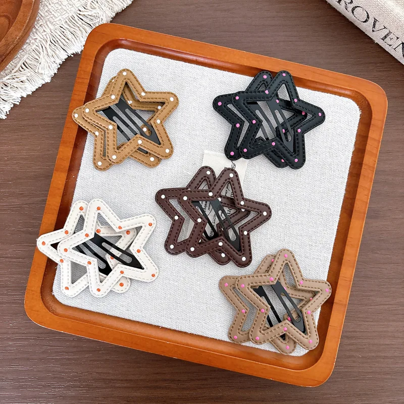 Korean Style Simple Leather Star Hairpin Autumn New Fashion Polka Dot Bangs Side Clip BB Clip Girl Hair Clip Hair Accessories