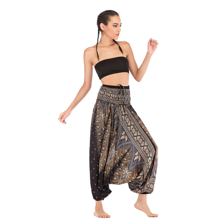Spodnie Boho Damskie Pantalones Mujer Hippie Wysoki Stan Rayon Harem Baggy Boho Yoga Odzież Plażowa Pour Femme Calca Feminina Wzorzyste