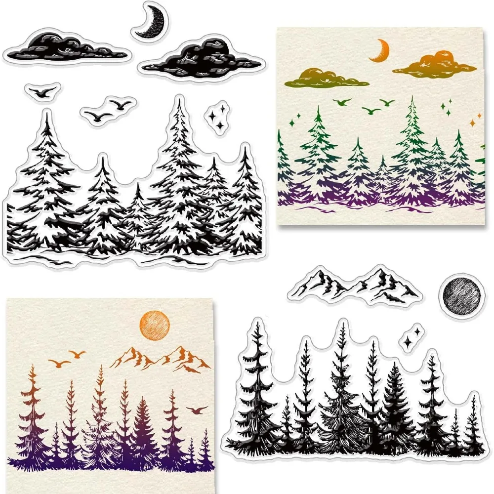 Forest Clear Stamps Forest Sun Moon Cloud Trees Transparent Silicone Stamp Rubber Stamp for Scrapbooking Birthday Photo Album