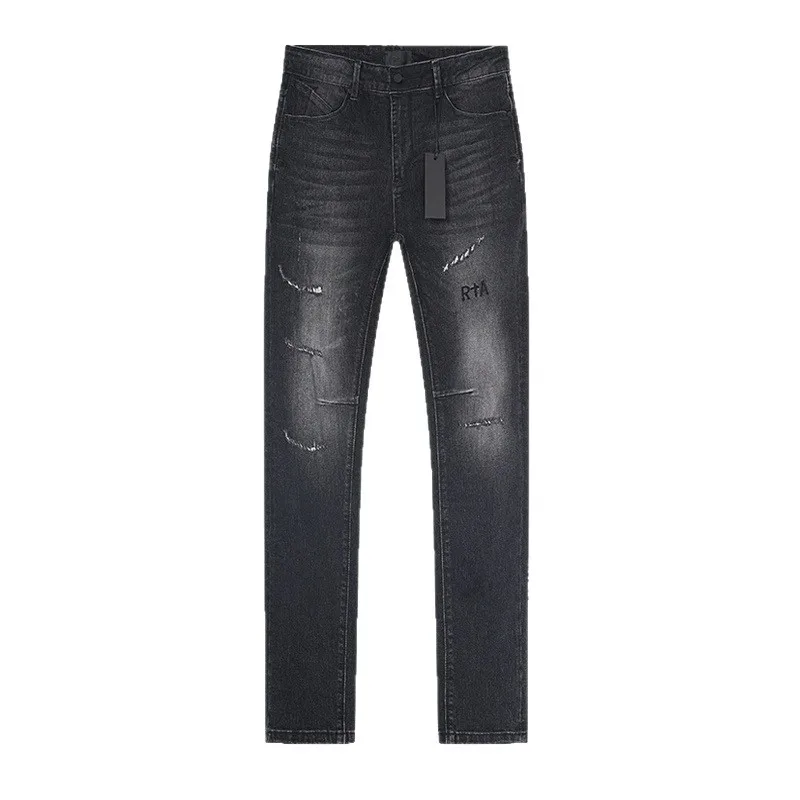 

2026 RTA Grey Washed Slim Fit Jeans Distressed Rip Details Vintage Denim Streetwear Fashion Pants Casual Slim Fit Trousers Men