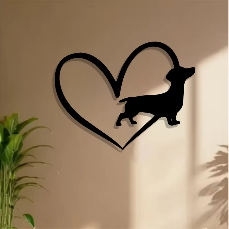 1pc Modern Metal Heart Dachshund Wall Art - Rust-Resistant Iron Dog Sculpture for Bedroom Garden Decor, Pet Lover Gift