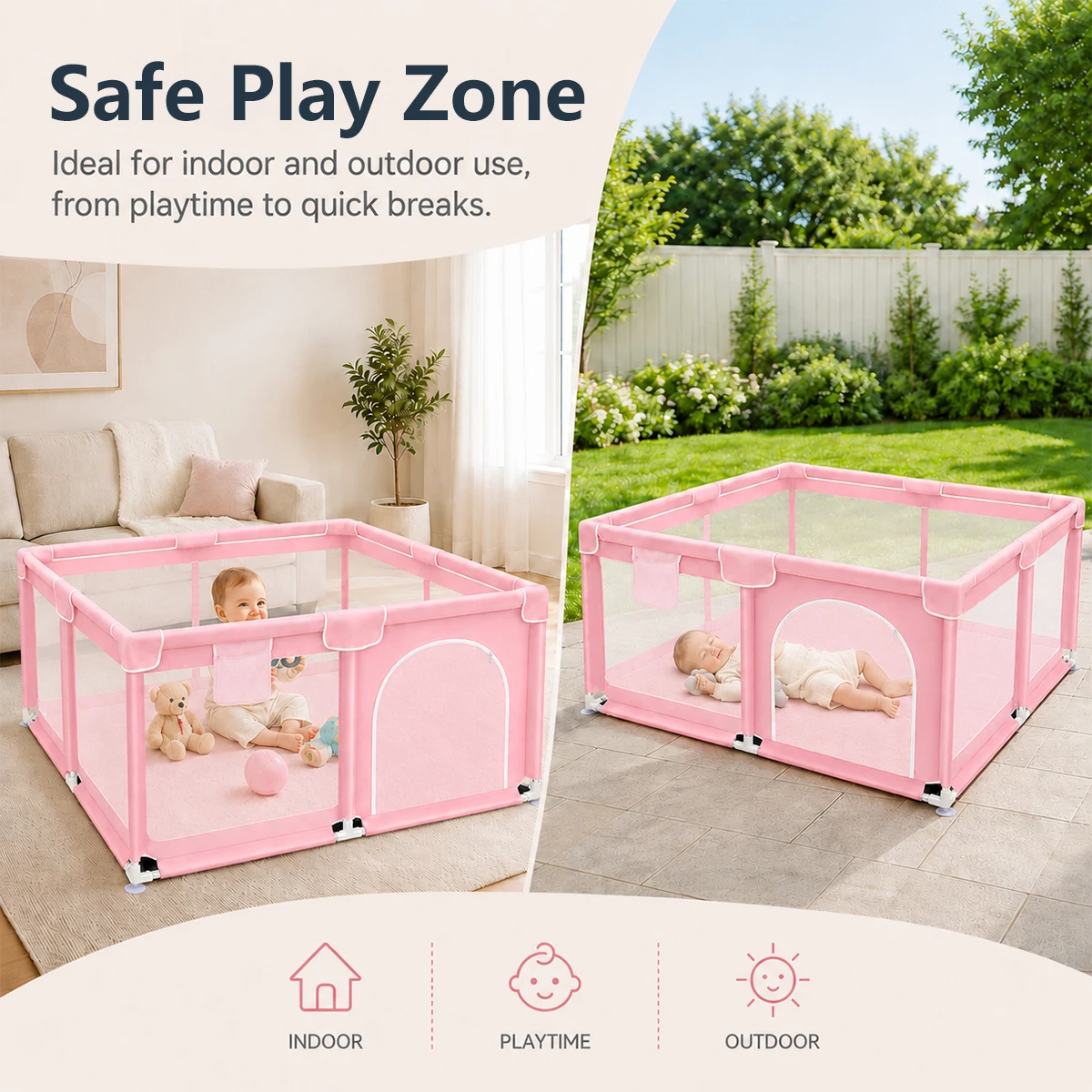 Kmaier Pink Indoor Baby Play Fence, Mesh Enclosed Playpen with Zipper Entry Gate, Anti‑Slip Base Safe Play Yard