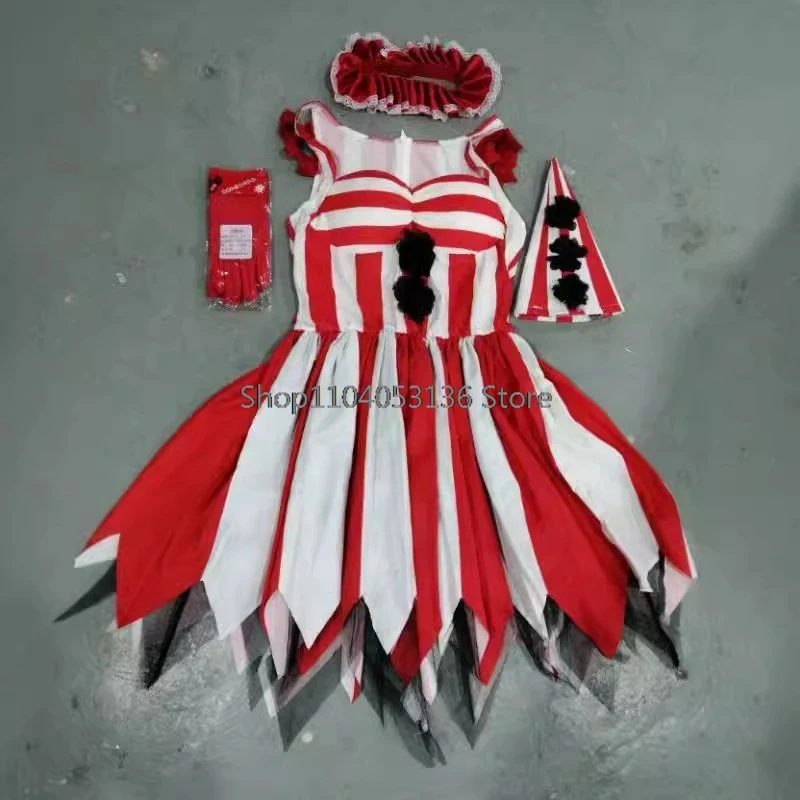 Halloween Clown Cosplay Costumes para Mulheres, Vestido de Senhora Adulto, Festa de Carnaval Feminina, Roupas Assustadoras, Vermelho, Listras Brancas, Roupas