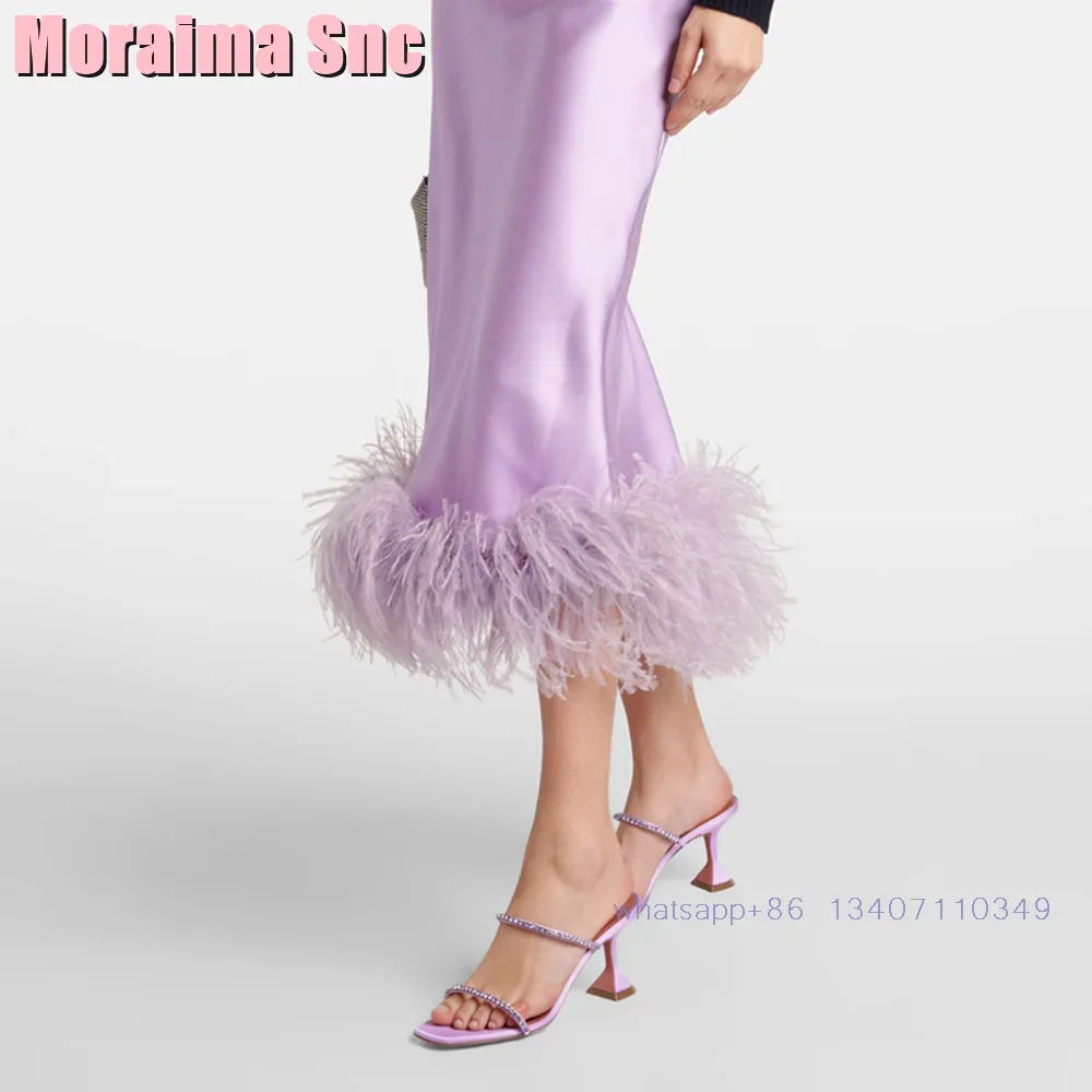 

Crystal Square Toe Satin Slippers Wine Glass High Heel Sexy Fashion Elegant Women's shoes Slippers Violet Solid 2024 New Arrival