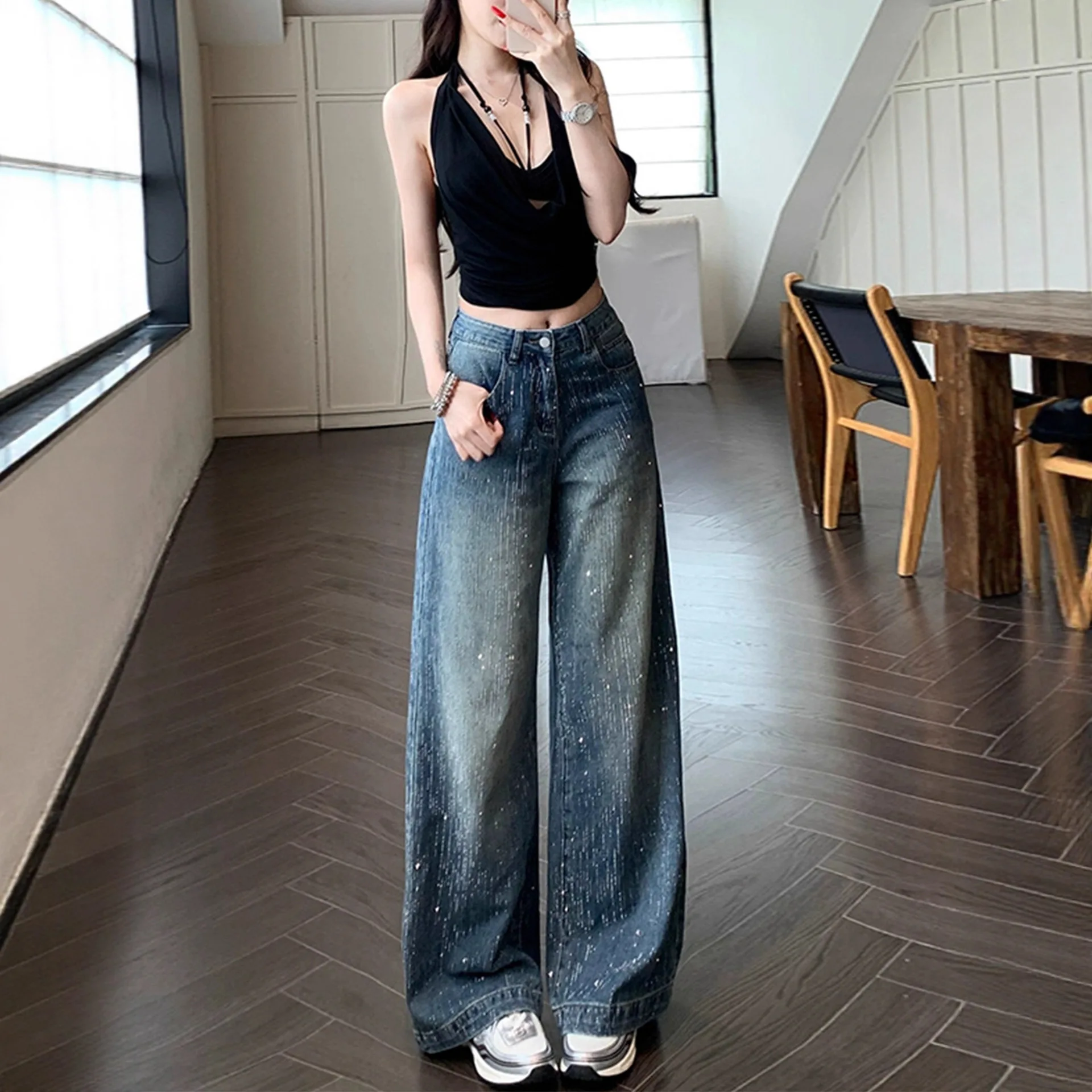 Full Sky Star Hot Diamond Wide Leg Jeans for Women Autumn 2026 New Style Loose, Small and Tall Super Beautiful Pants Loose