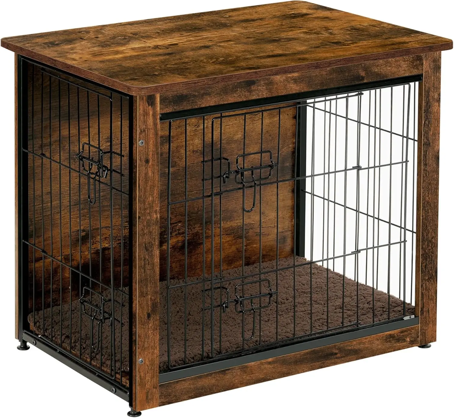 Wooden Dog Crate Furniture with Cushion, Double Doors Kennel Table, Indoor House for Small to Extra Large Dogs, Rustic Brown
