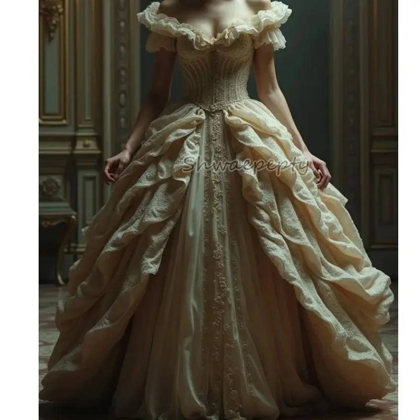 วินเทจวิคตอเรียพรหมชุดนัวเนียปิดไหล่เจ้าหญิงโอกาสพิเศษชุดแชมเปญรัดตัวชุดราตรีที่กําหนดเอง