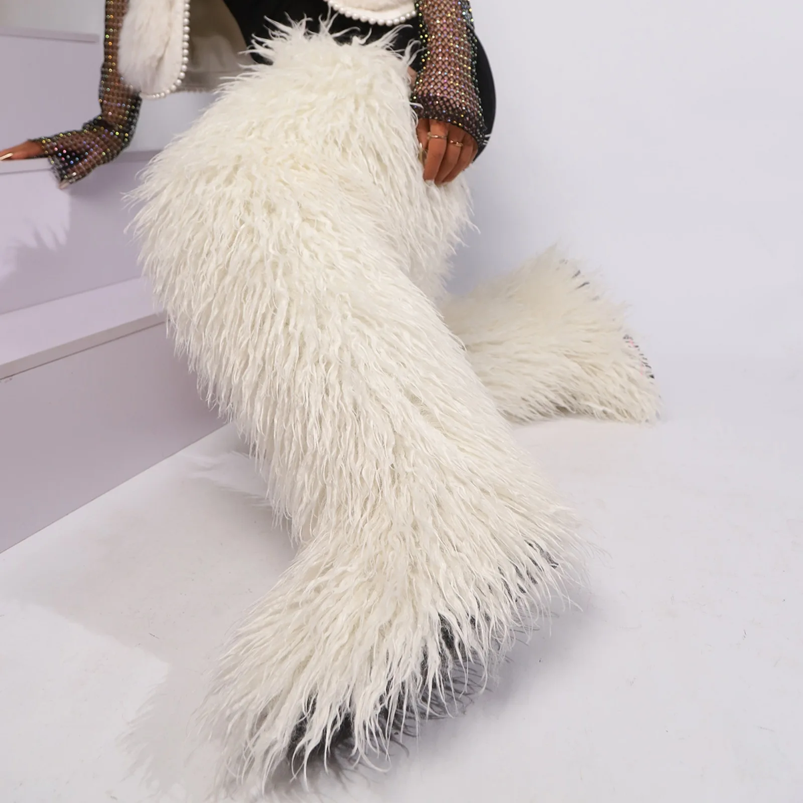 

Thigh High Fluffy Boots For Women Plus Size 46 Winter 2025 New Flat Heel Long Mongolian Fur Boots