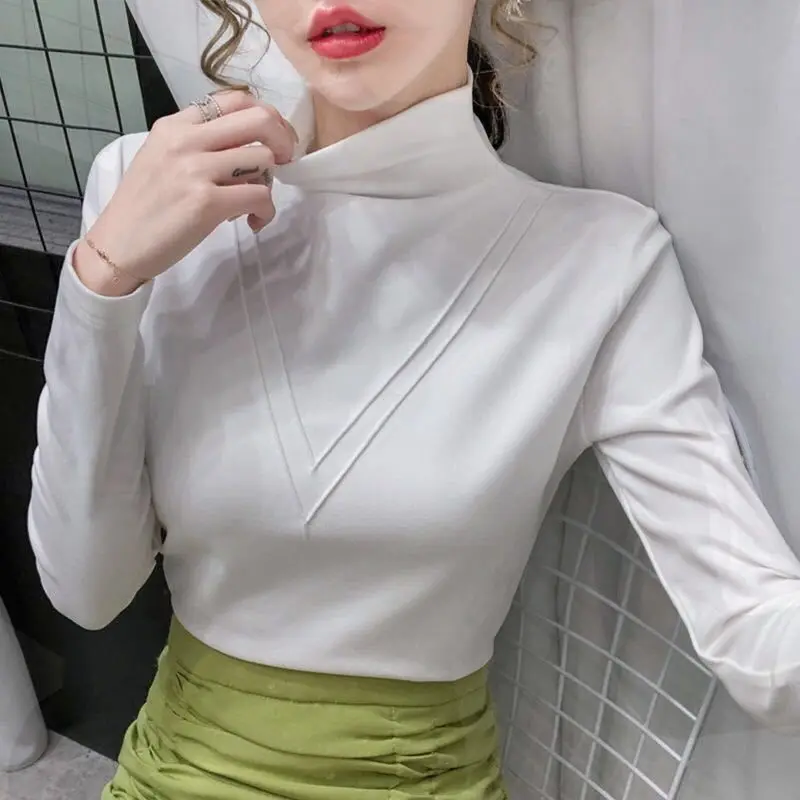 Autumn Winter New Fashion Solid Color Turtleneck Long Sleeve T-Shirts Bottoming Shirt Ladies All-match Pullover Interior Lapping