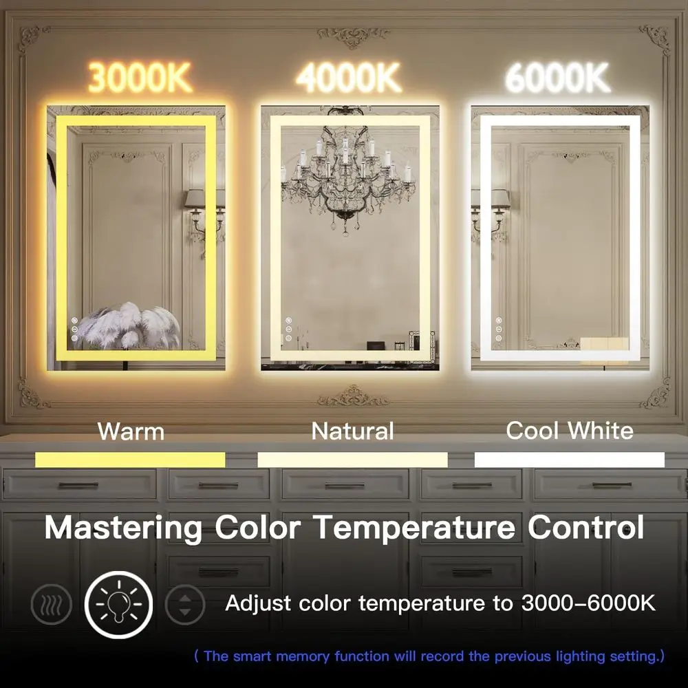 Miroir de courtoisie LED mural 24 x 36 avec éclairage avant et arrière, verre trempé antibuée, certifié ETL