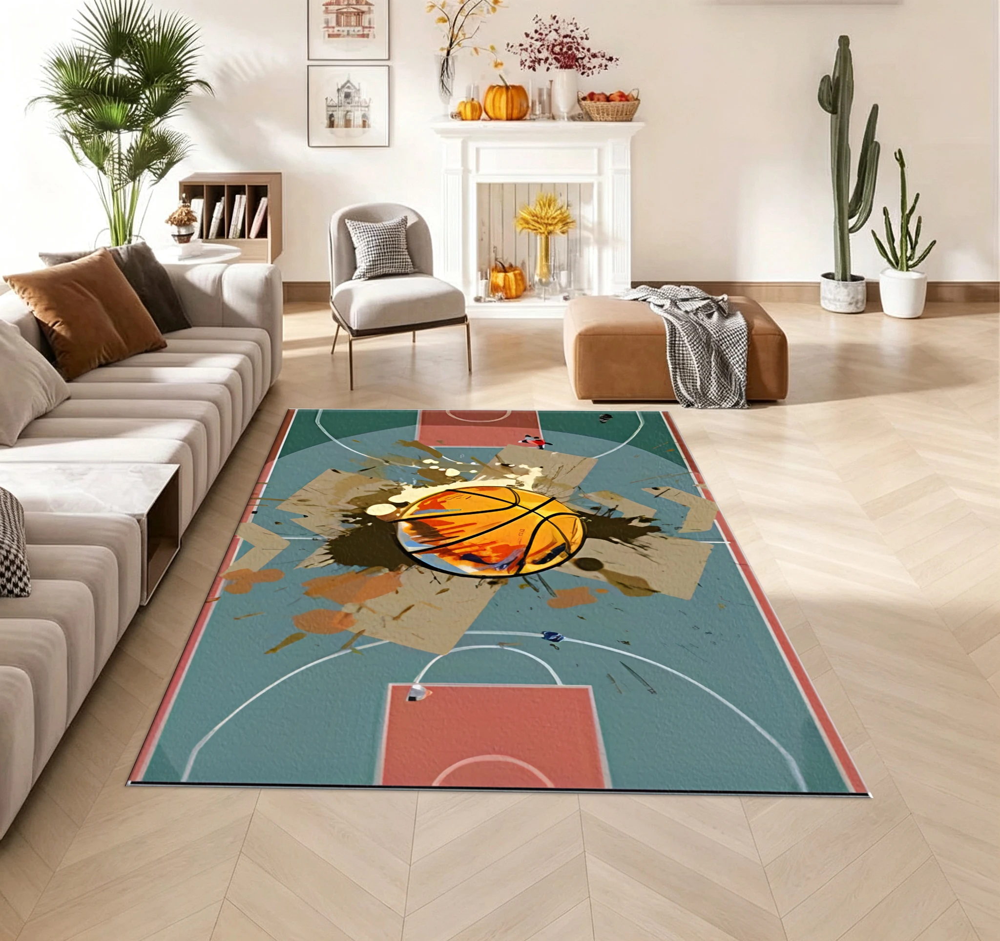 Vibrant Basketball Court Sports Print Carpet, Featuring Floral Splash Effect, Floor Mat, Home Decor Carpet