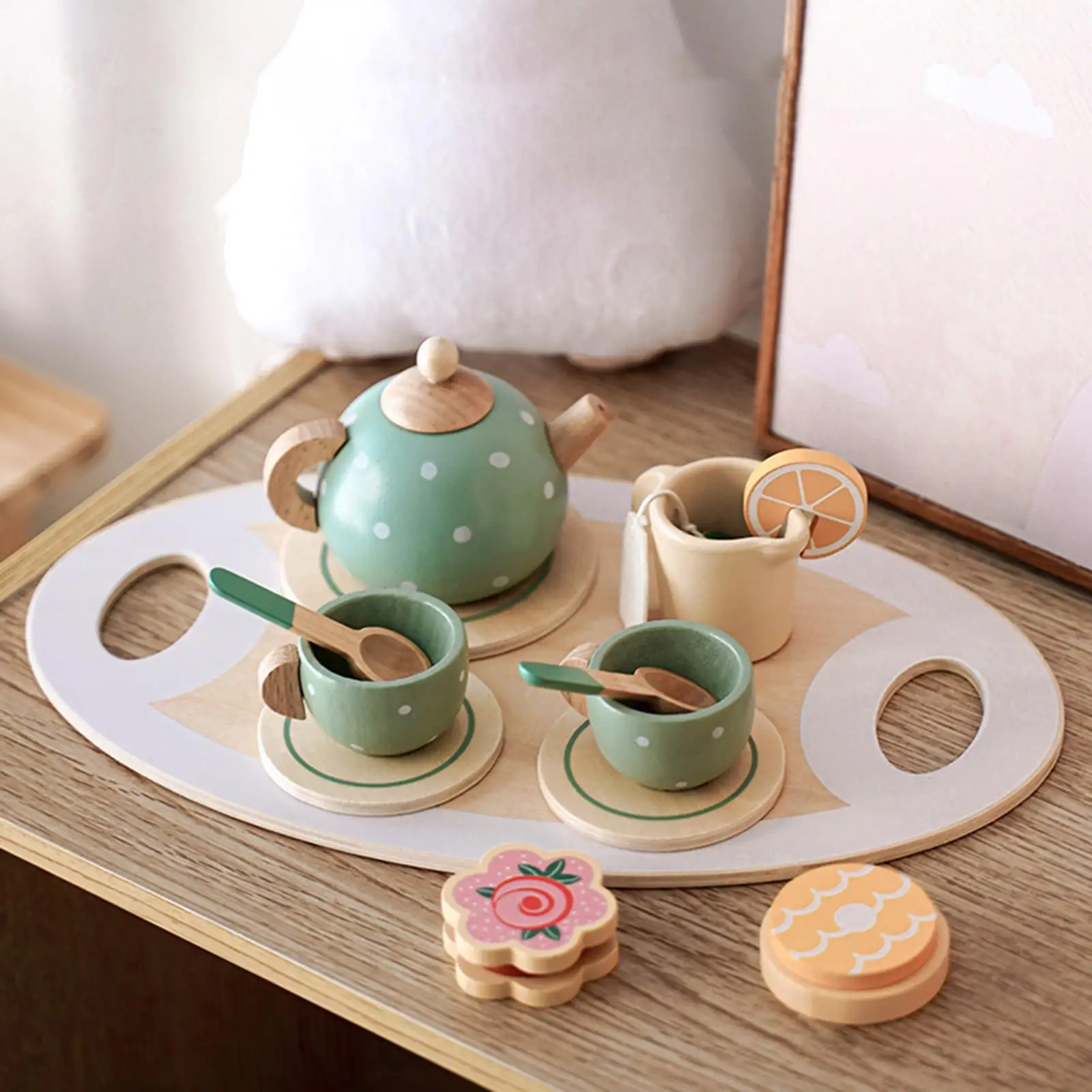 15Pcs Tea Party Mini Kitchen Children's Day Home Afternoon Tea Dessert Cake Sales Tea Pot Cup Tea Set Wooden Toy Early Education