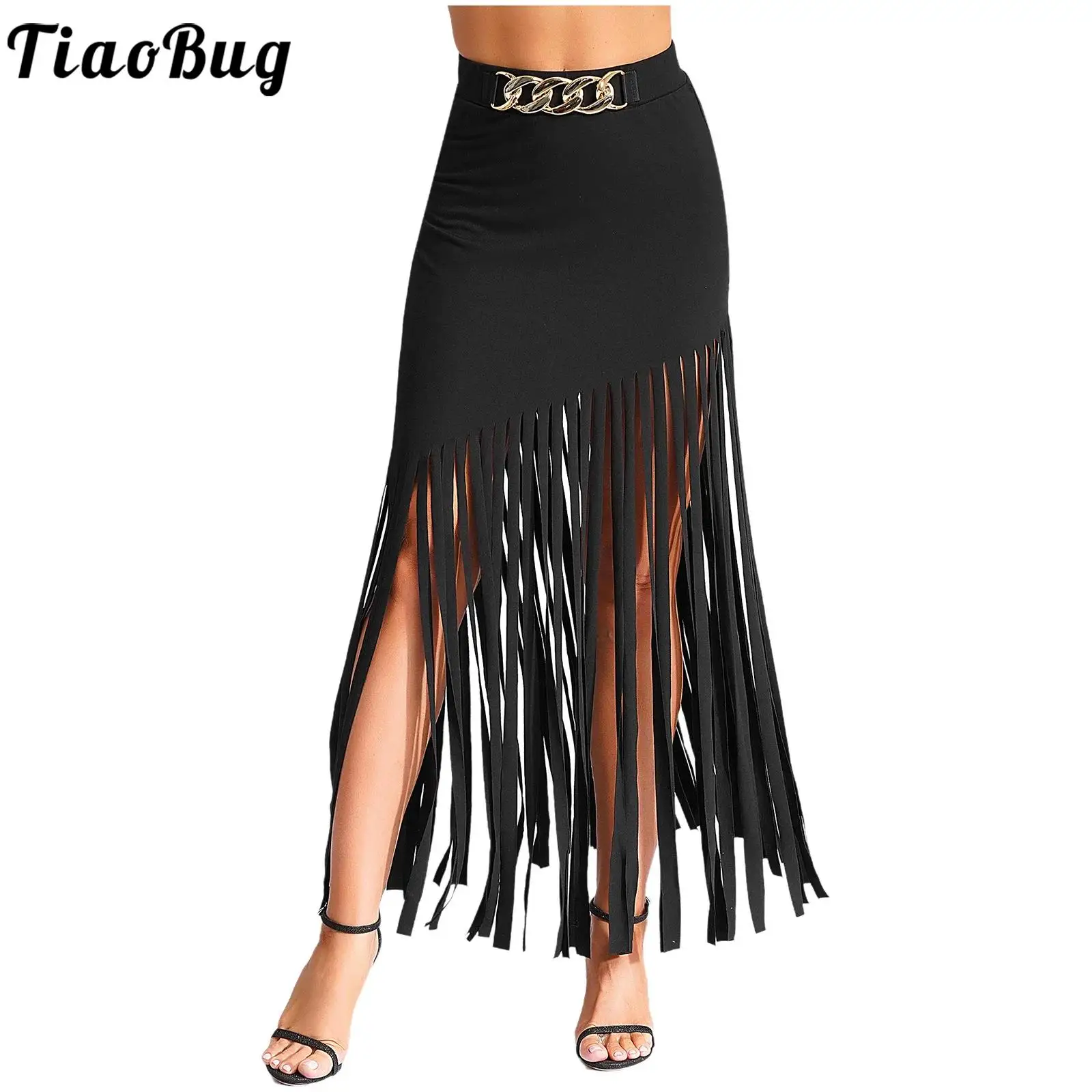 Jazz Samba Ballroom Tassel Skirt Women High Waist Plastic Chain Asymmetrical Fringe Maxi Skirt for Dance Stylish Street Wear