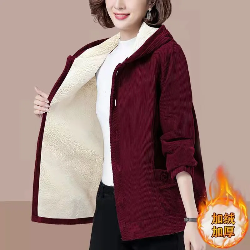 New Corduroy Women's Jacket with Arctic Velvet Casual Loose Fit Slimming for Middle-aged and Elderly Mothers