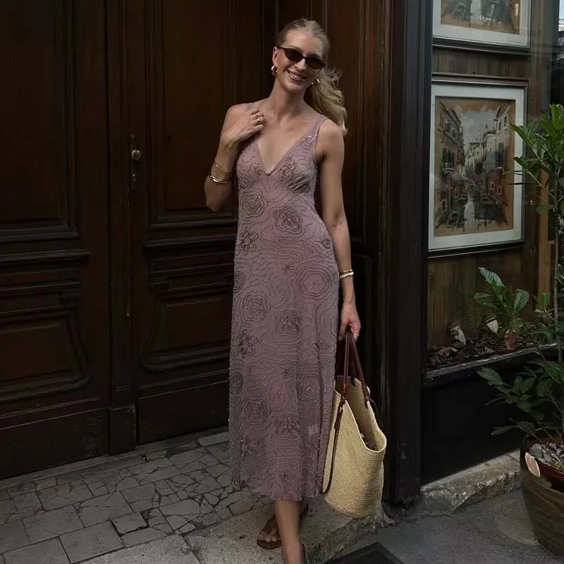 YENKYE nuevas mujeres Sexy semitransparente cuentas lentejuelas Vestidos sin mangas moda sin espalda cintura alta cuello en V vestido de verano Midi Vestidos