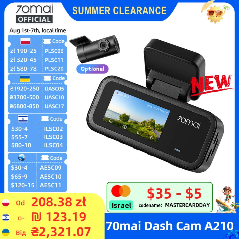【New】70mai A210 Dash Cam 1080P HDR Night Vision Support Dual-Channel Supercap...