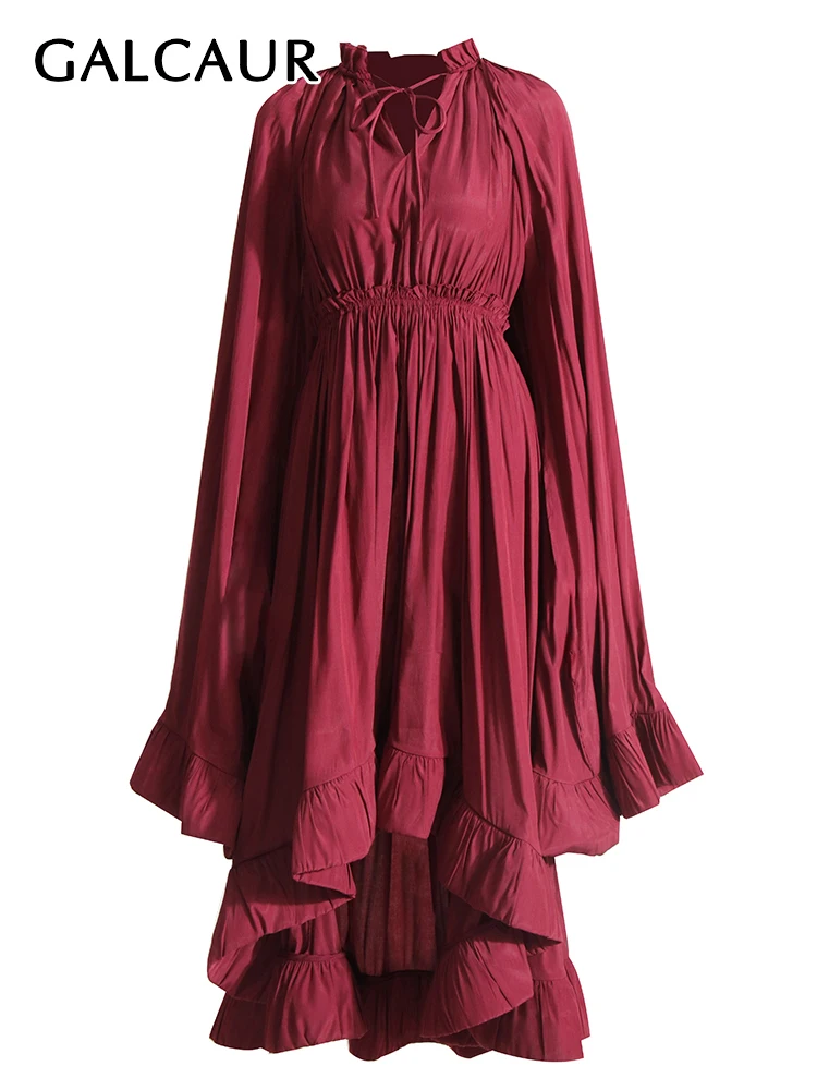 

GALCAUR Temperament Ruffles Women's Dresses V Neck Cloak Sleeve High Waist Patchwork Lace Up Solid Folds Slim Dress Female New