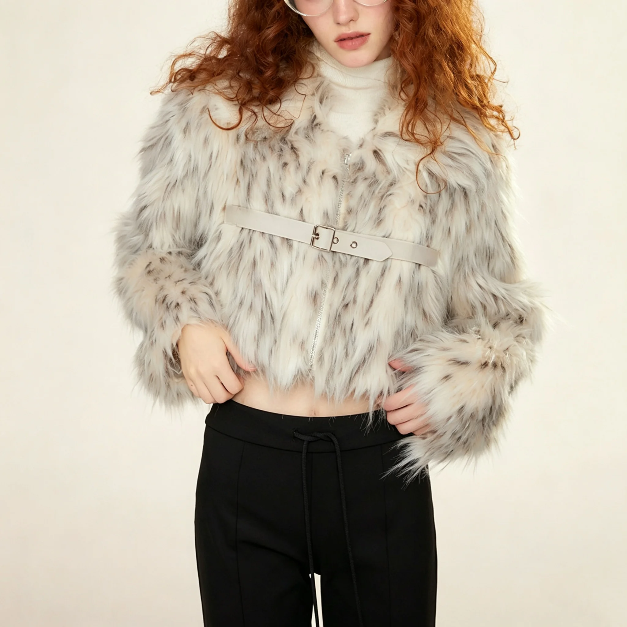 RU Women Faux Fur Cropped Jacket Zip Up Belt Decor Plush Fluffy Outerwear For Autumn Winter Club Party Street Daily Outfits