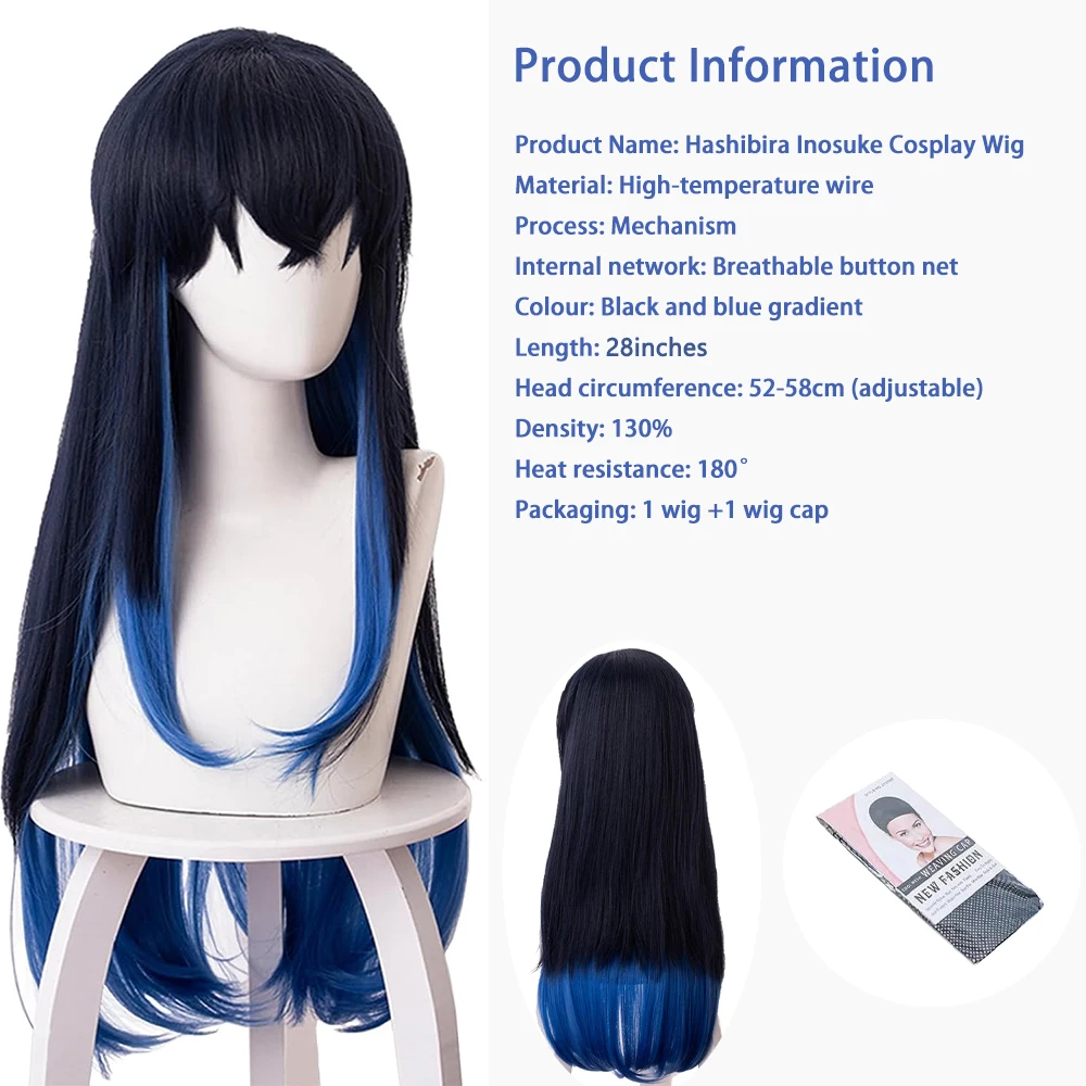 Anime Hashibira Inosuke‌ Cosplay Synthetic Hair Black And Blue Gradient Halloween Daily Party Simulation Scalp Wig Nature