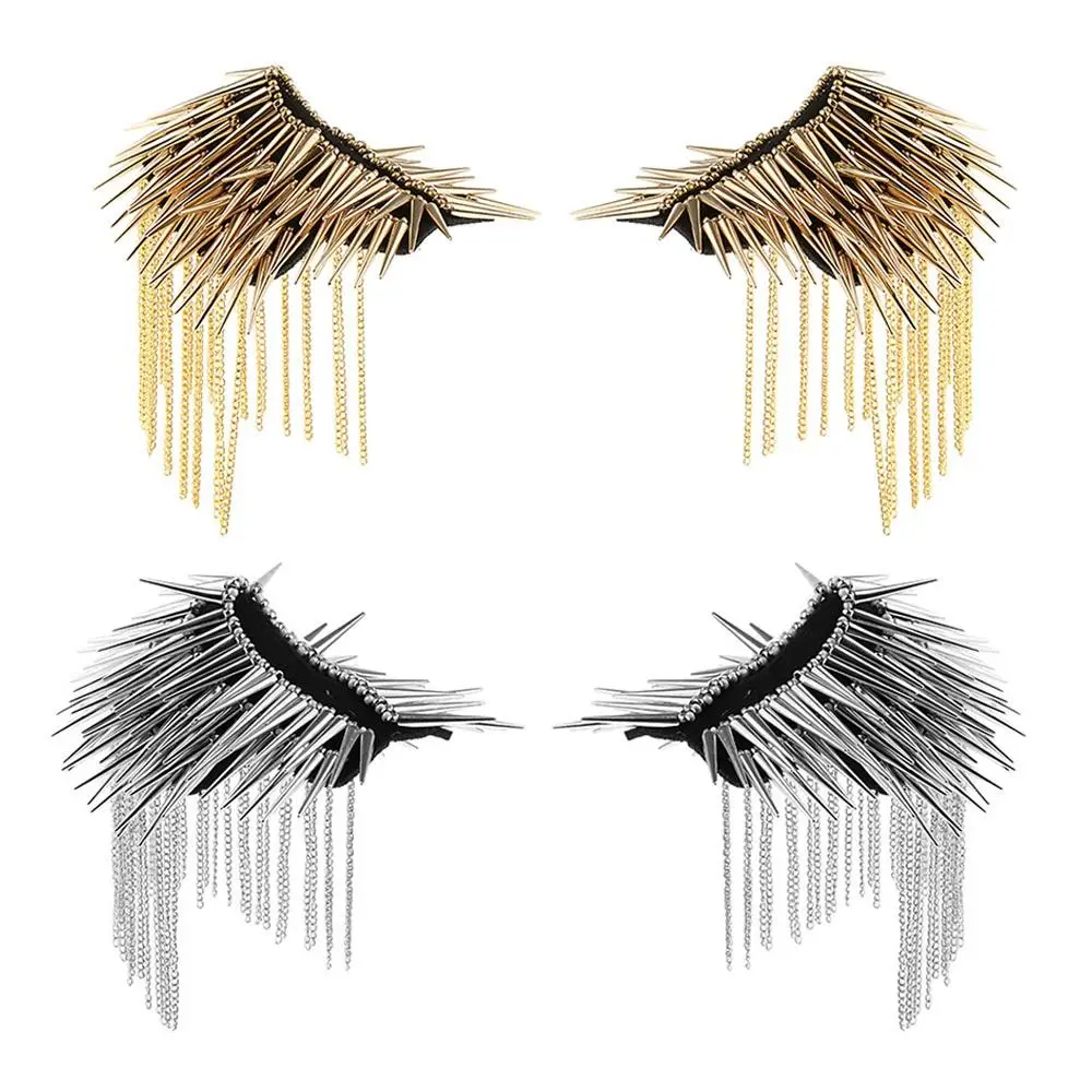 Tassel Chain Shoulder Board Badges Beads Punk Goth Rivet Spike Stud Epaulet Shoulder Metal Brooch for Man Suit