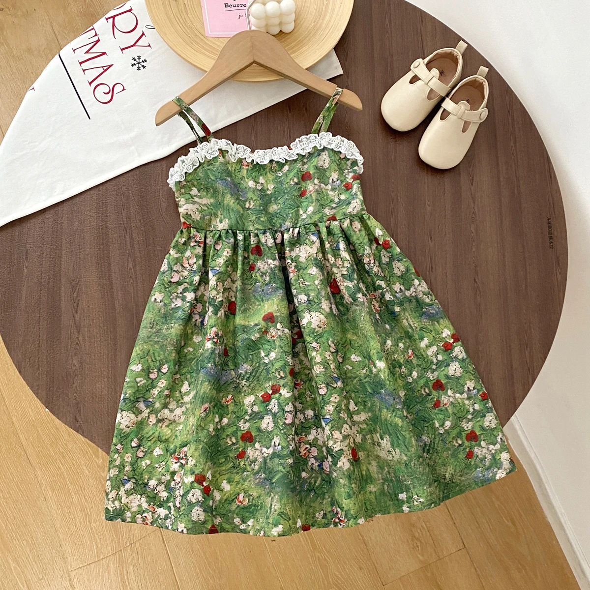 Summer New Oil Painting Style Printed Lace Border Strapless Dress Children's Clothing