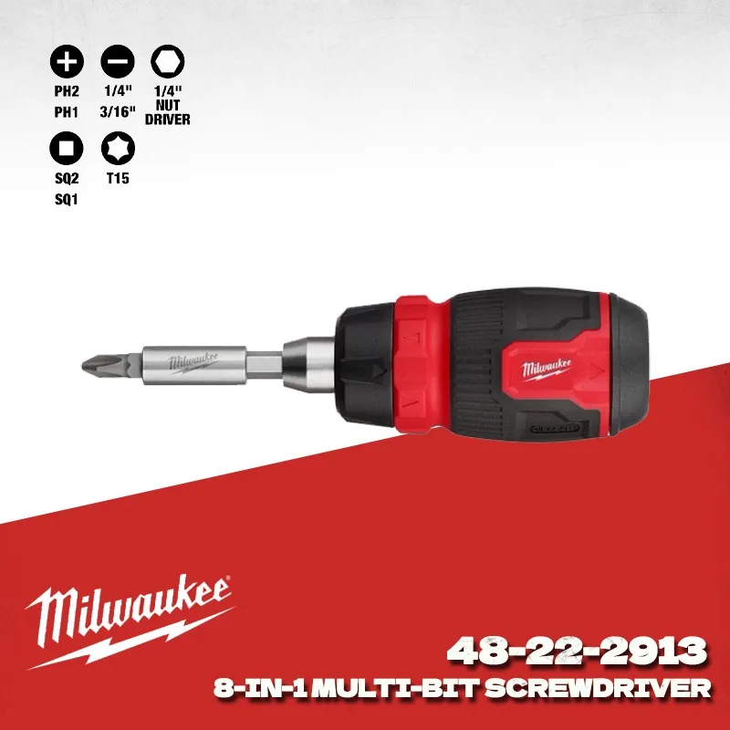 Milwaukee 48-22-2913 8-in-1 Ratcheting Compact Multi-Bit Screwdriver All Metal Ratchet Magnetic Bits Storage Hand Tool