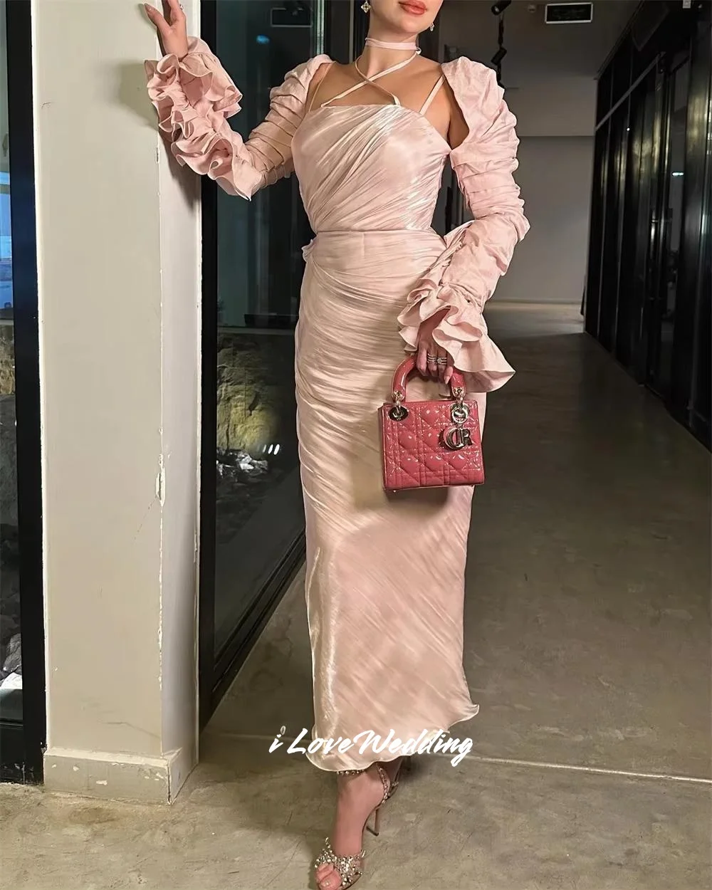 Pink Square Neck Evening Dress 2025 2025 Long Sleeve Mermaid Ankle-Length Ruffles Elegant Pleated Wedding Party Dress Customized