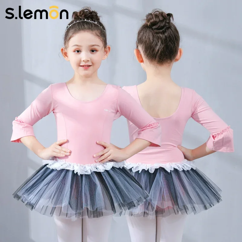 

Детский балетный трико S.lemon, юбка с рукавами принцессы 3/4, сетчатый кружевной комбинезон, танцевальная одежда, танцевальное платье для малышей, облегающее платье для девочек