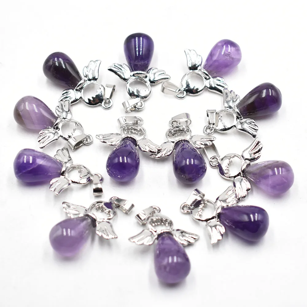 Wholesale 12pieces/lot fashion water drop Natural stone amethysts Necklace Angel Pendant female jewelry gift free shipping