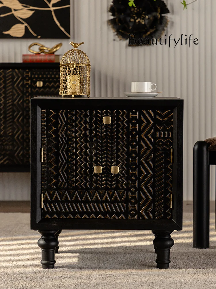 Wood Carved Bedroom Bedside Table Small Apartment Living Room Side Cabinet Black Light Luxury Storage Locker