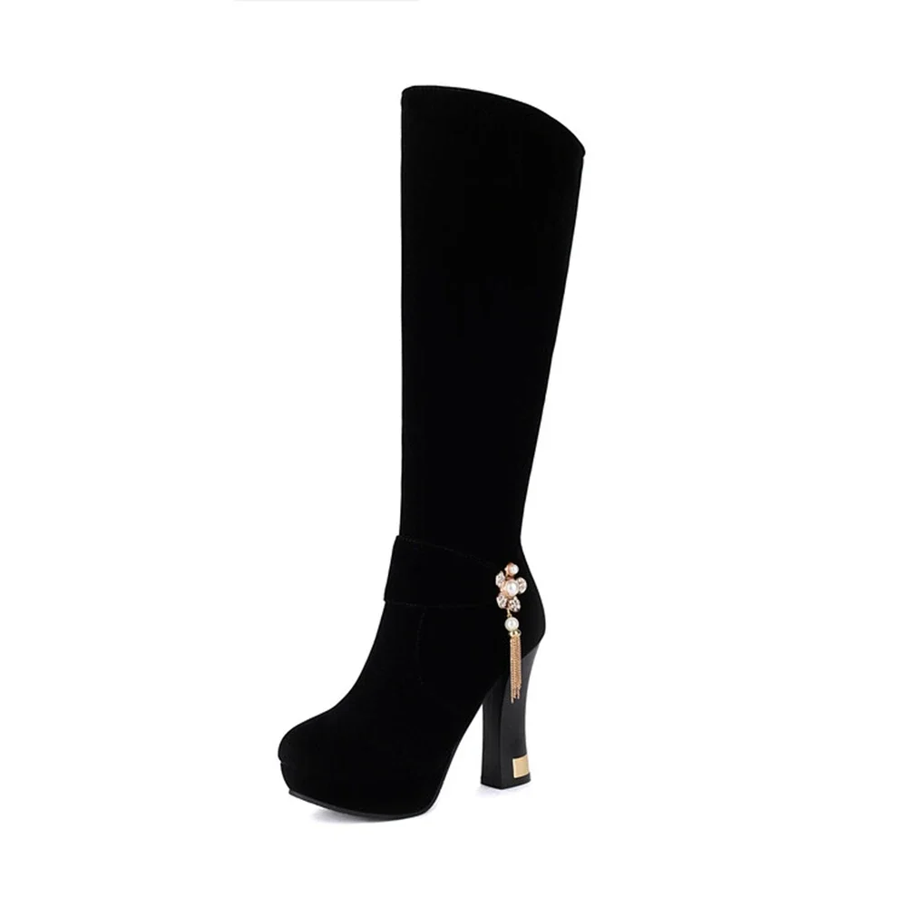 

Knee High Boots Women Chunky Heels Faux Suede Sexy Red Black Winter Warm Wedding Dress Party Zip Long Riding Platform Boots C10