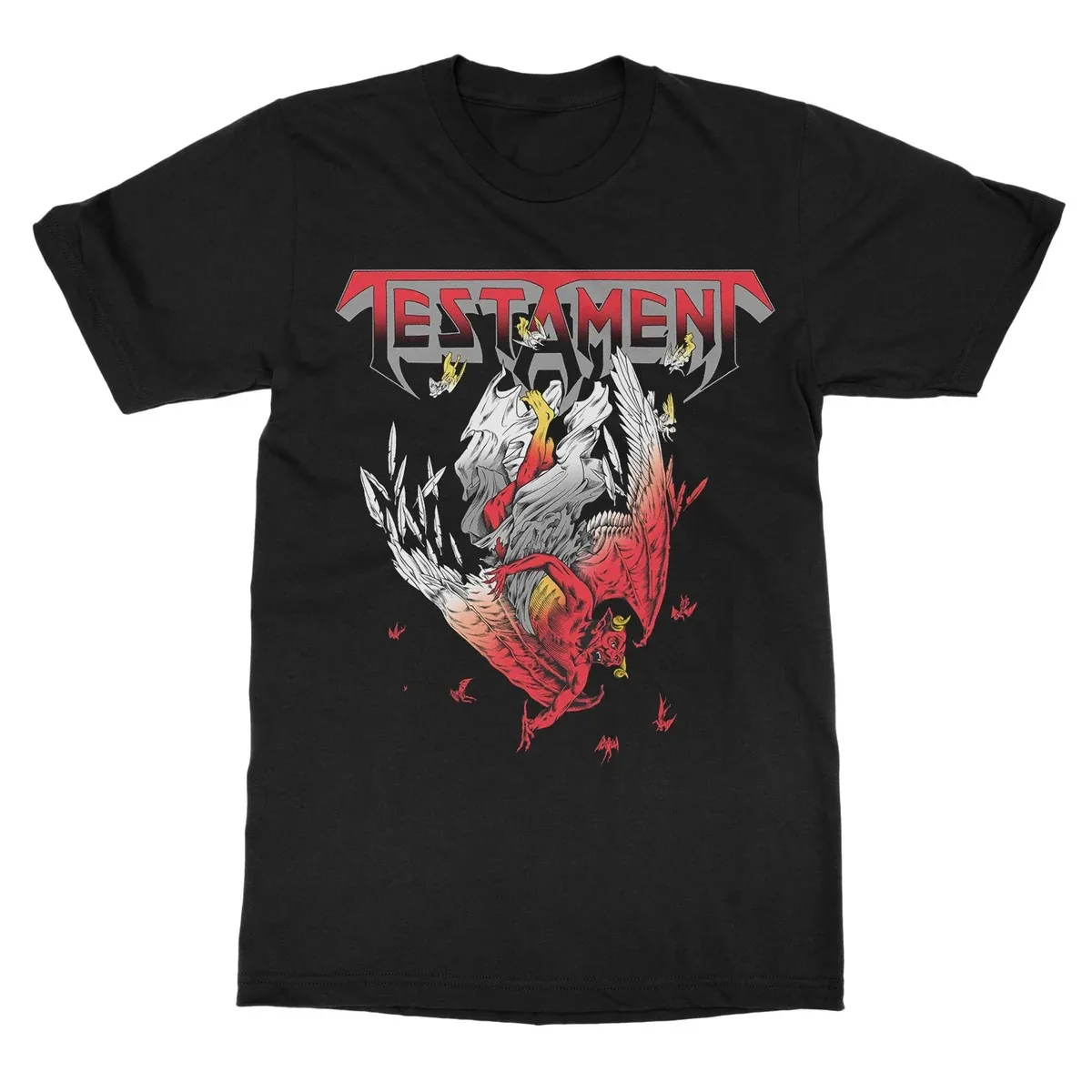 Testament Demonic Album Cover Double Sided Graphic Print T Shirt, Front Spiked Demon Skull Artwork with Band Logo