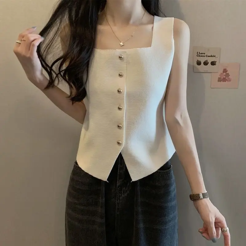 2024 Summer New Square Neck Design Ice Silk Tank Top Strap Single breasted Korean Solid Color Top Trendy