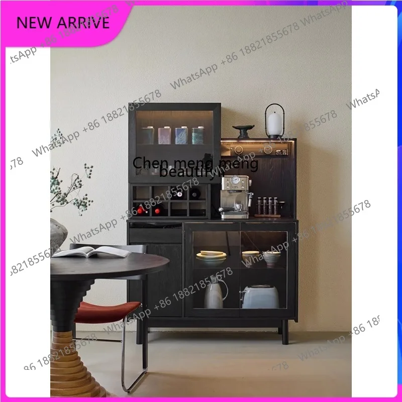 

side of the meal, integrated storage against the wall, tea cabinet, black solid wood storage, coffee side cabinet H H