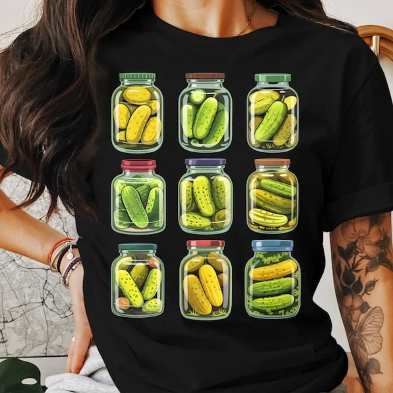

‌Summer Cotton Short Sleeve Casual Tee Funny Pickle Jars Cartoon Foodie Gift for Men Women Kitchen Unique Food Lover Present