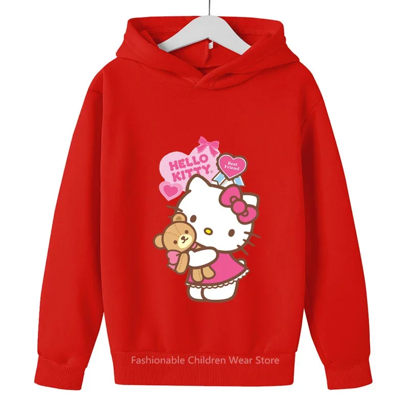 2024 Hello Kitty Cute Cartoon Print Children's Hoodie Boys Girls Cotton Casual Warm Clothes for Outdoor Activities