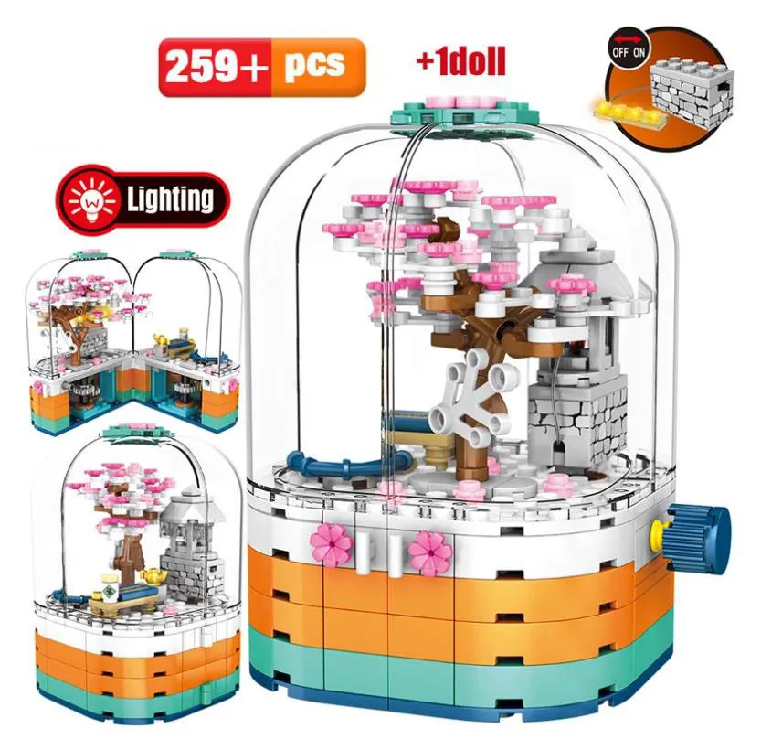 

Creative Japan Cherry Blossoms Rotating Display Box Building Block With Light Model Figures Assemble Brick Toys For Kids Gifts