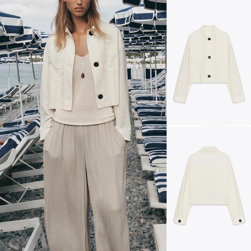 

New Summer Women's Jaet oulder Dra Design Collar Color Blo Sve Mixed Fiber Polyester ort Coat Collar Butt...