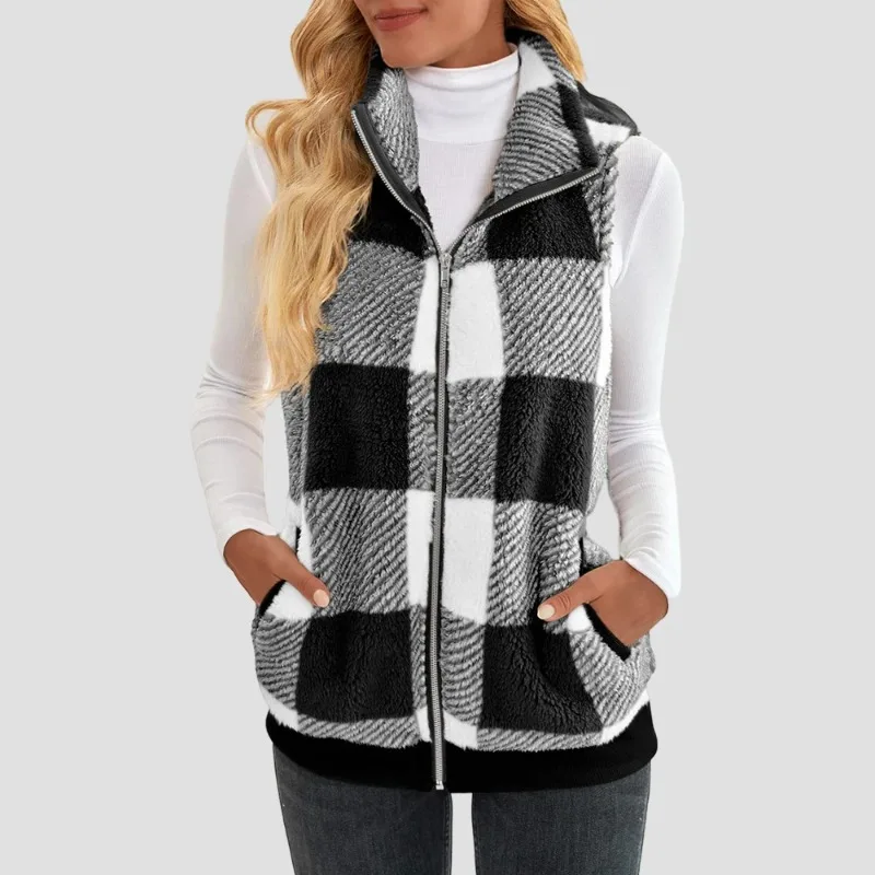 

2023 Women’s Fleece Fur Body Warmer Vest Jacket Waistcoat Gilet Winter Sleeveless Tartan Coat Clothes Plus Size REEF