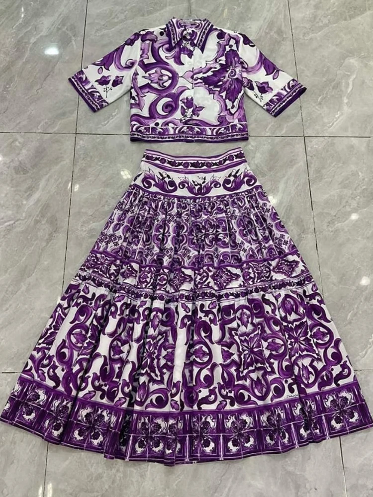 

Summer new fashion two-piece dress single-breasted short-sleeved printed shirt high waist and big skirt temperament female suit
