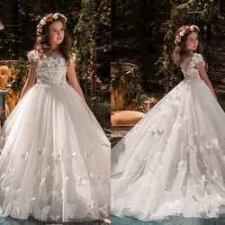 Vestidos largos blancos de flores para niña para bodas, apliques de mariposa de tul, vestidos formales de graduación para desfile, vestido de primera comunión para niño