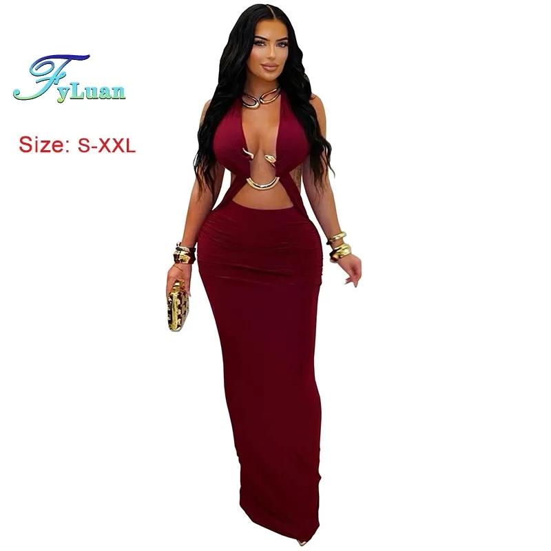 مثير عارية الذراعين المرأة فستان طويل بلون الدانتيل يصل حلقة معدنية الديكور Bodycon فستان موضة بلا أكمام ملهى ليلي فساتين حفلات